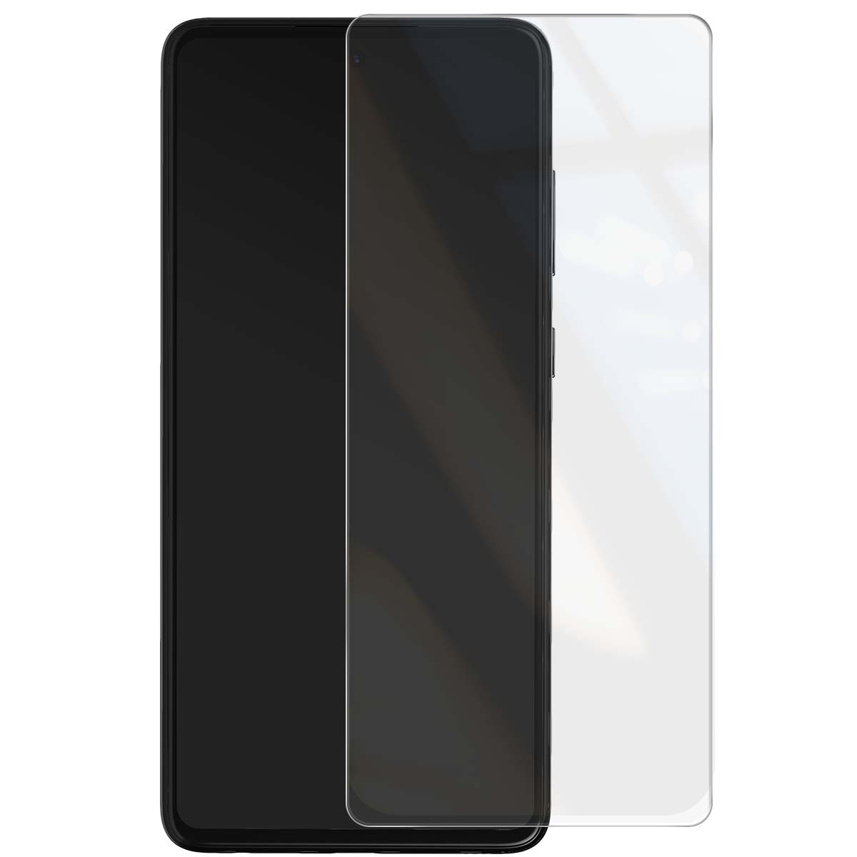 Uno smartphone nero con una protezione schermo trasparente accanto.