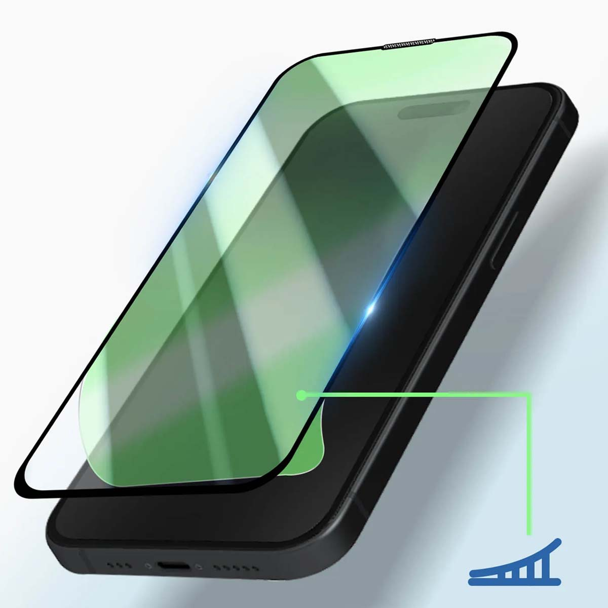 Zwarte smartphone met groene screenprotector aangebracht, met blauwe lichtaccenten.