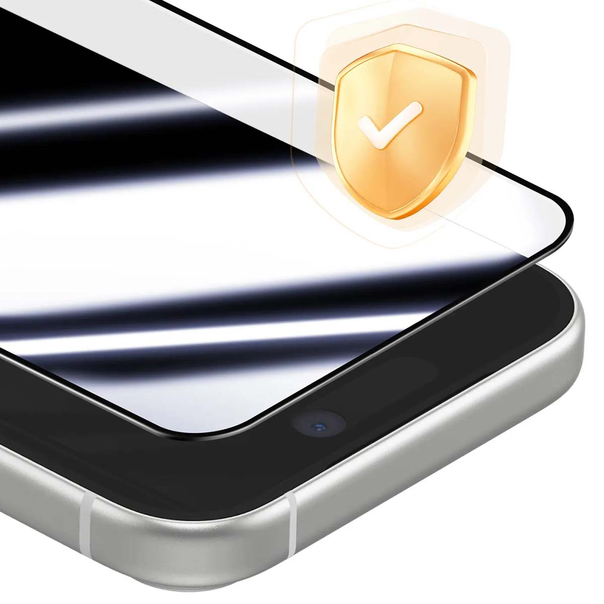 Een gouden schild met een vinkje boven een smartphone scherm.