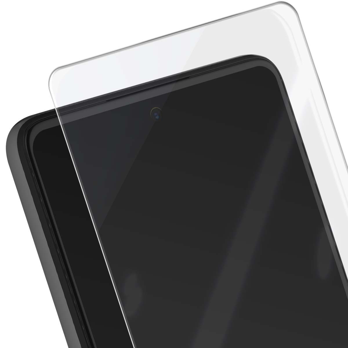 Una protezione schermo trasparente giace su uno smartphone nero.