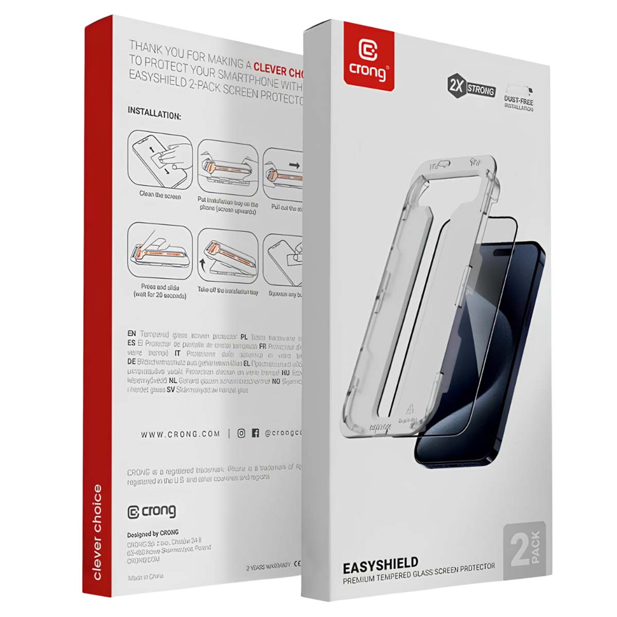 Doos voor een 2-pack screenprotector met installatie-instructies.