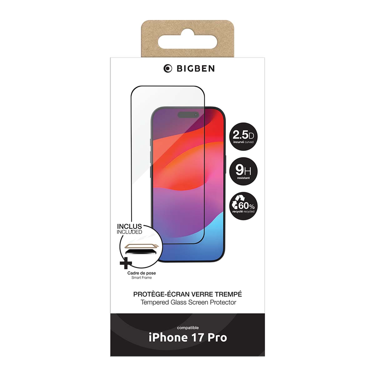BIGBEN iPhone 17 Pro screenprotector met frame. 2.5D, 9H hard, 60% gerecycled.