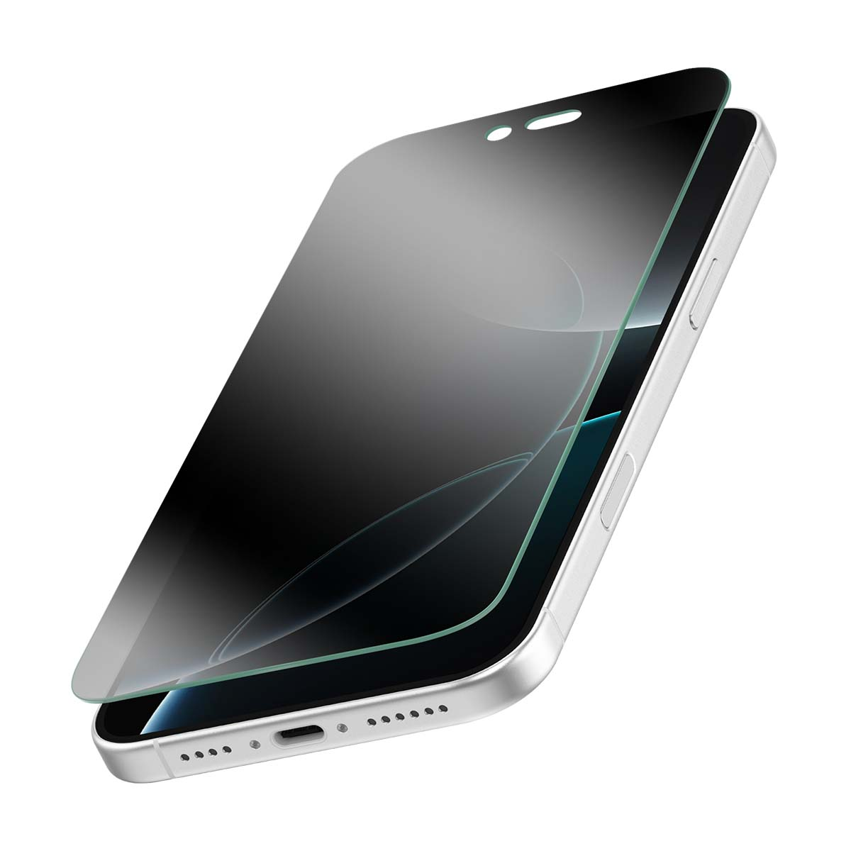 Een zilveren smartphone met een donkere screenprotector erop.