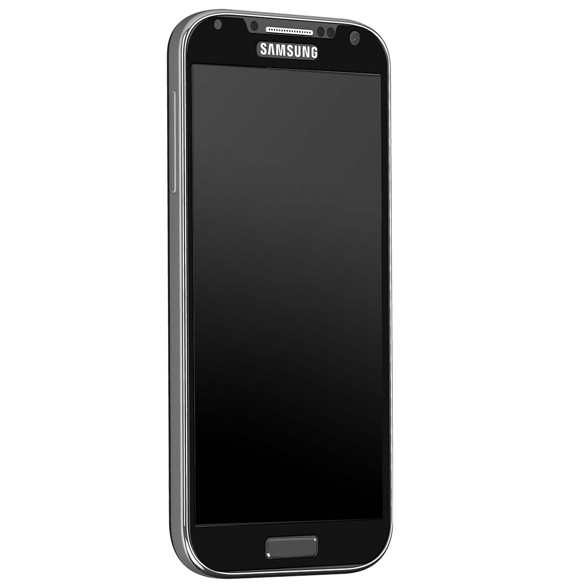 Un smartphone Samsung negro con borde plateado sobre fondo blanco.
