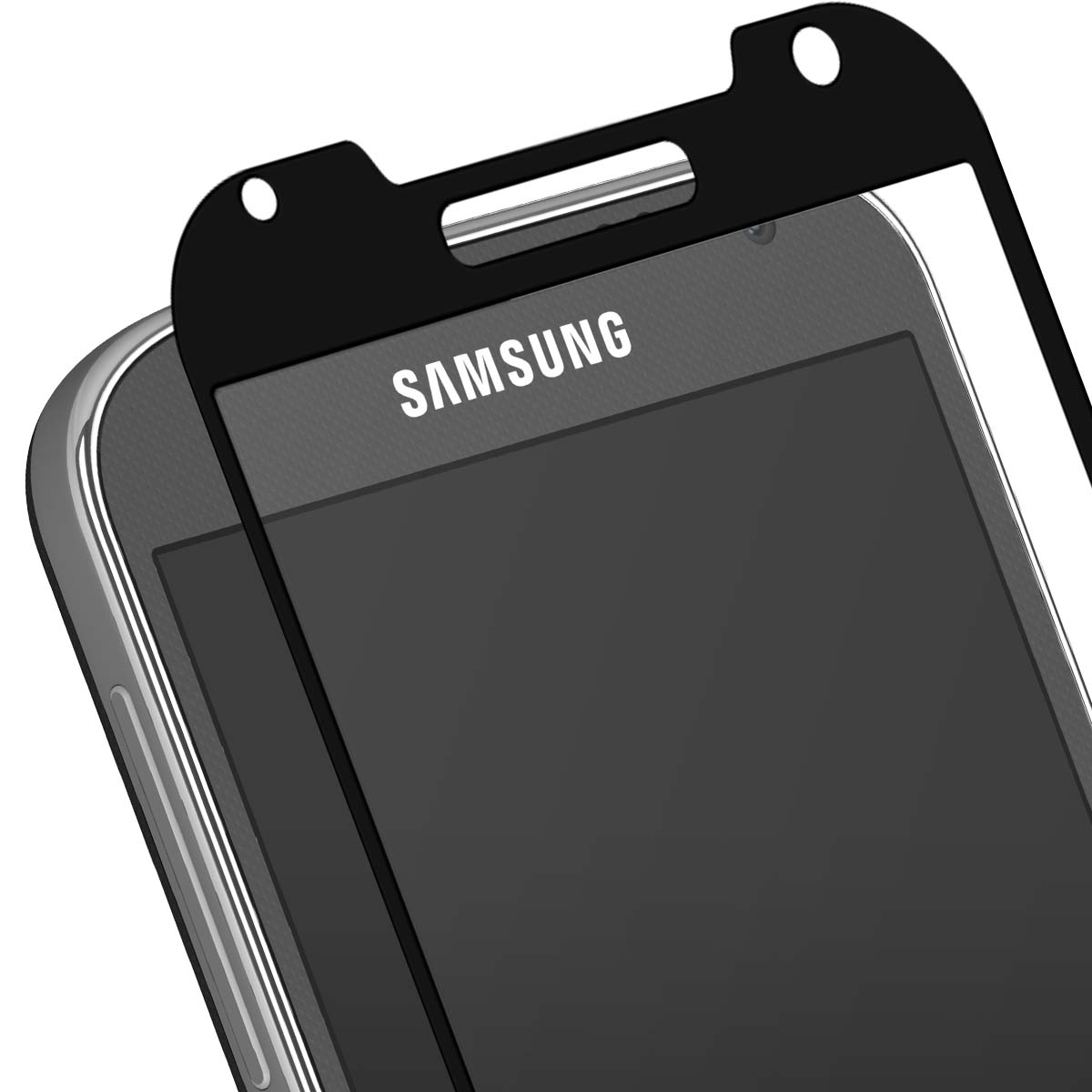 Teléfono Samsung con protector de pantalla negro, primer plano.