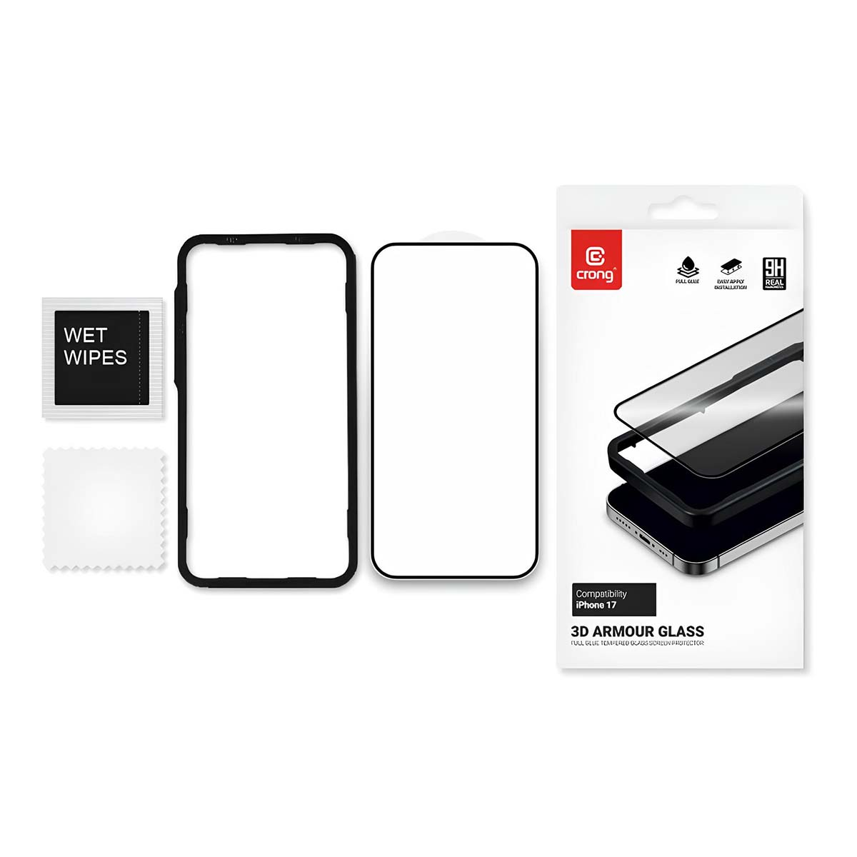iPhone 17 screenprotector met vochtige doekjes en doekje.