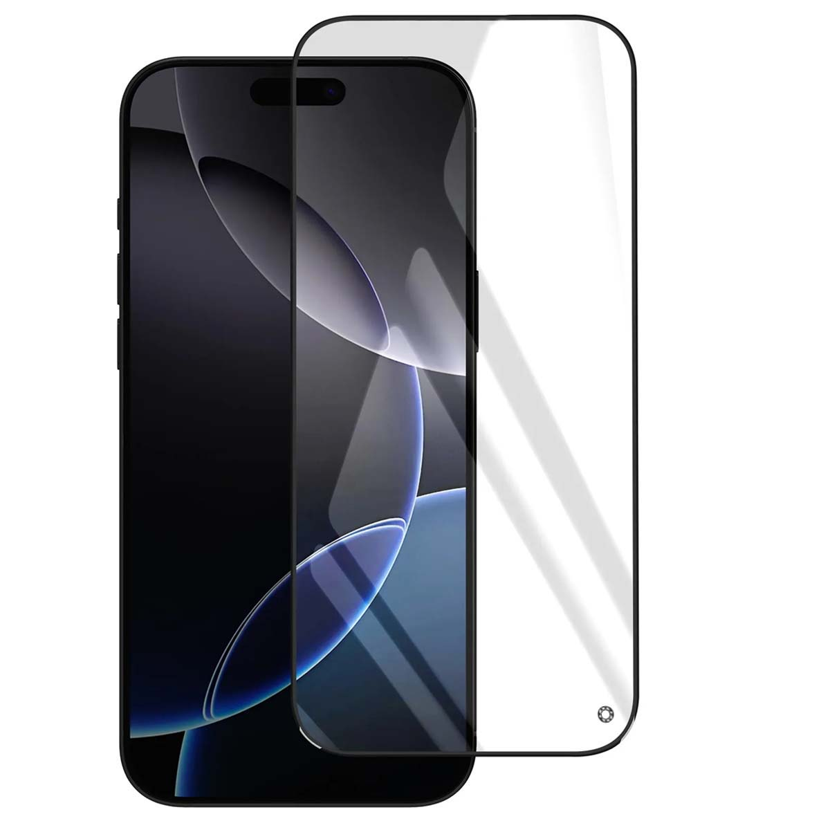 Een transparante screenprotector ligt op een zwarte smartphone.