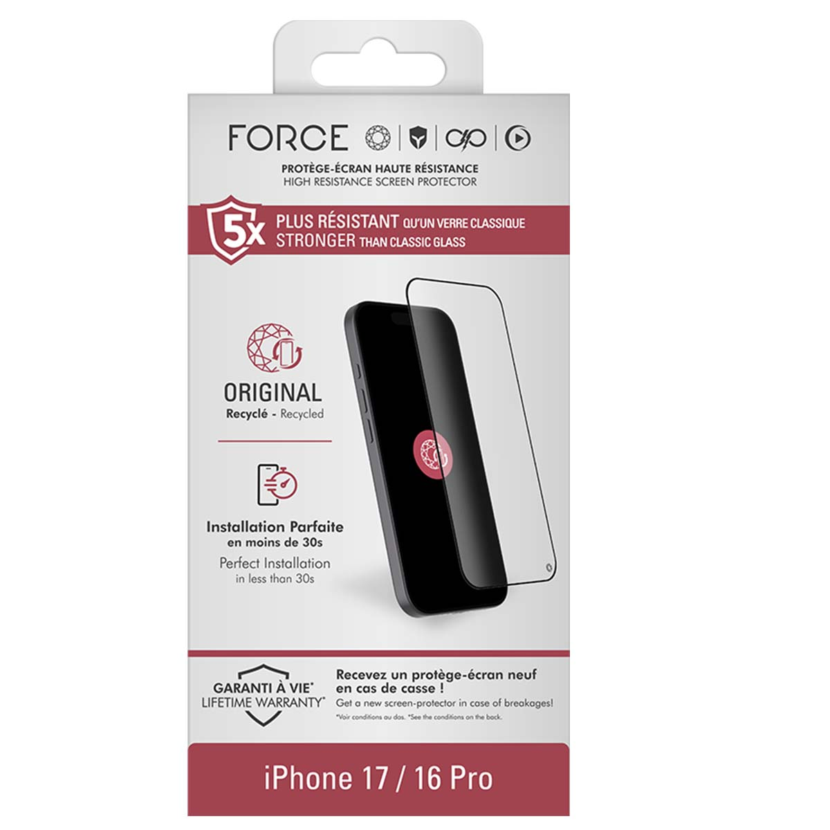 Confezione protezione schermo FORCE per iPhone 17/16 Pro.