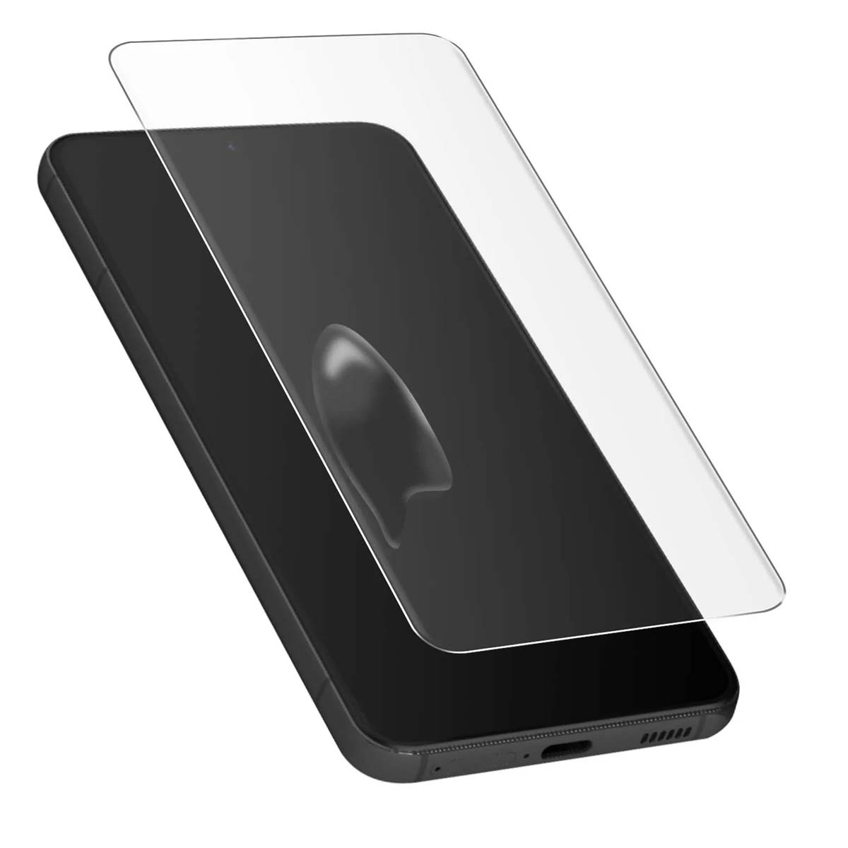 Un smartphone noir avec un protecteur d'écran transparent positionné légèrement décalé au-dessus.