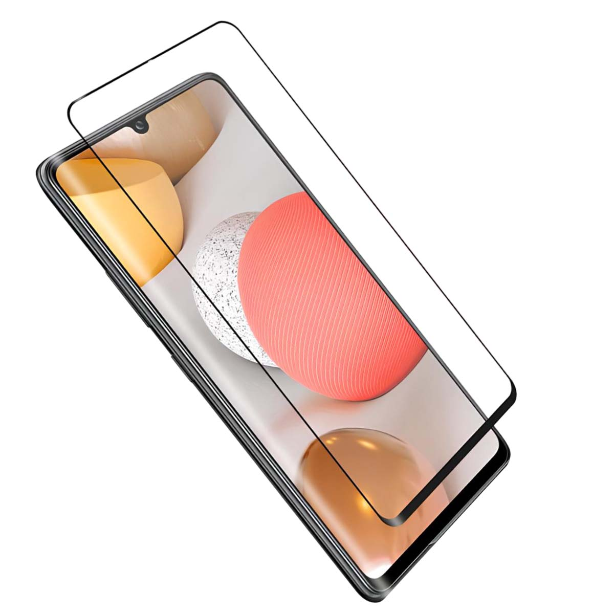 Un smartphone avec protecteur d'écran, trois boules colorées en arrière-plan.