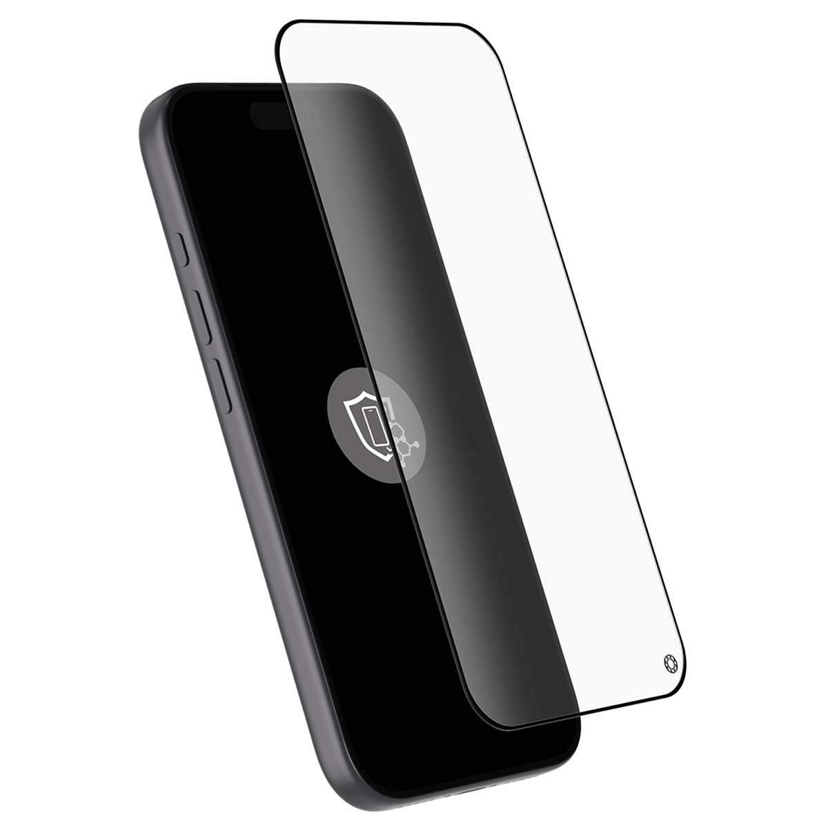 Een screenprotector ligt naast een donkere smartphone.