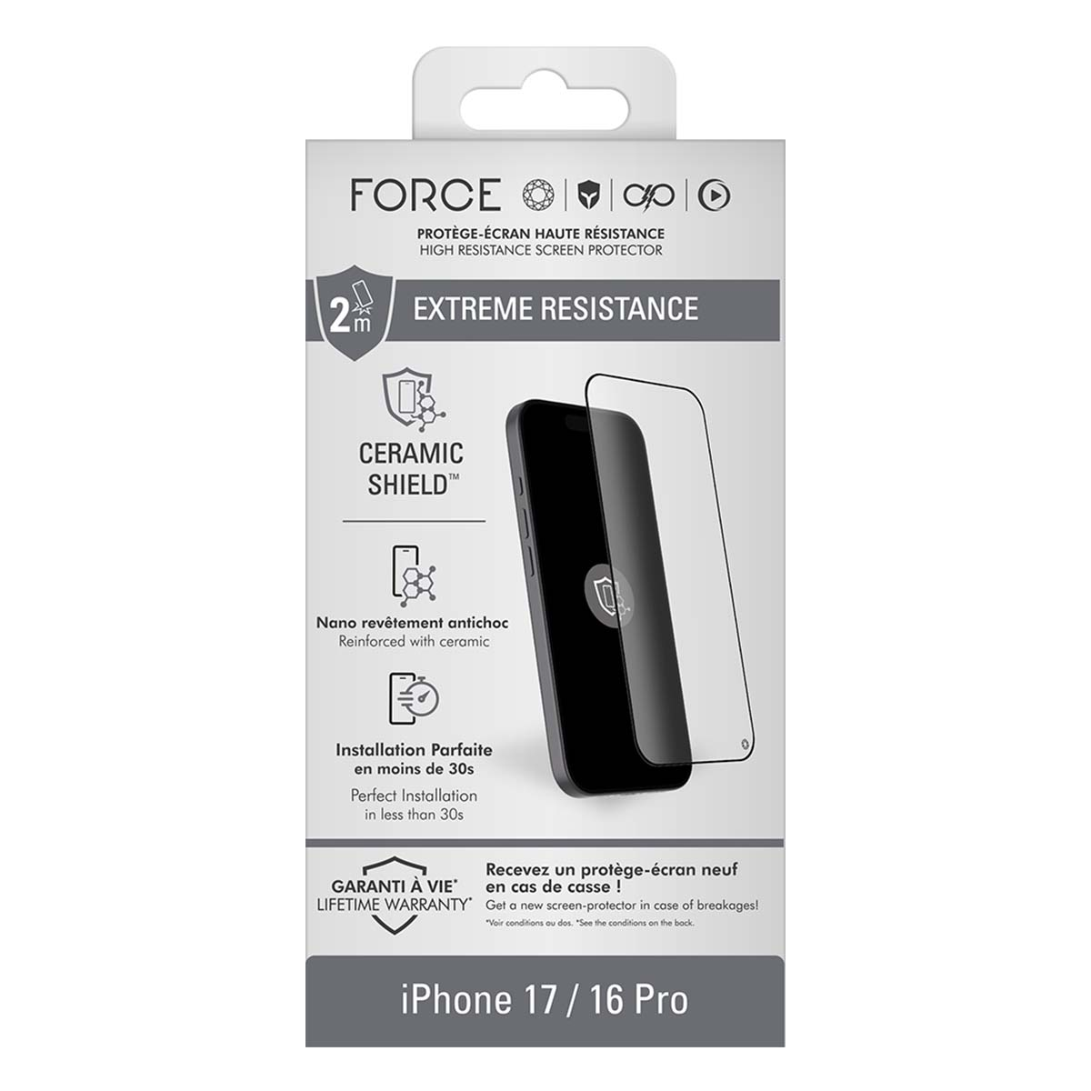 Confezione protettore schermo FORCE Ceramic Shield per iPhone 17/16 Pro.