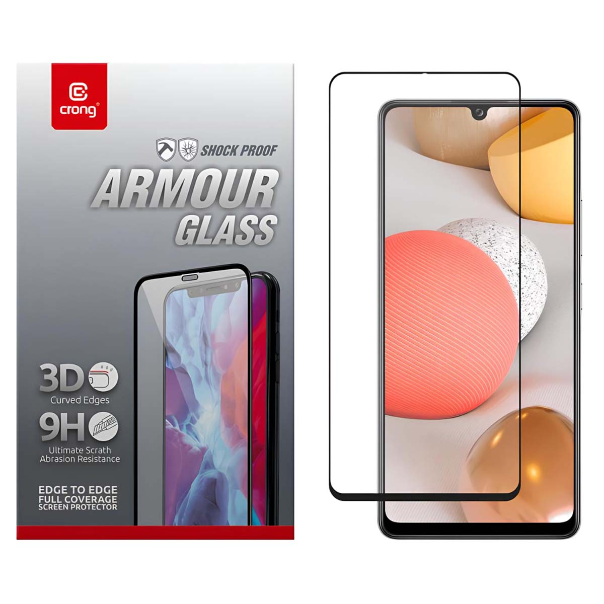 Emballage du protecteur d'écran CRONG Armour Glass, montre les caractéristiques et un téléphone.