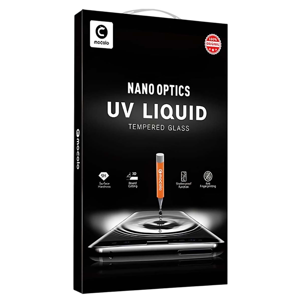 Emballage pour "Nano Optics UV Liquid Tempered Glass" avec une goutte de liquide.