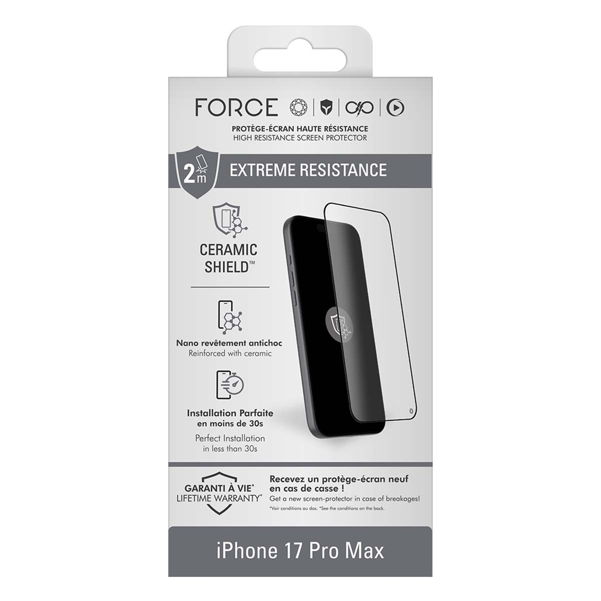 Verpakking iPhone 17 Pro Max screenprotector met "Ceramic Shield".