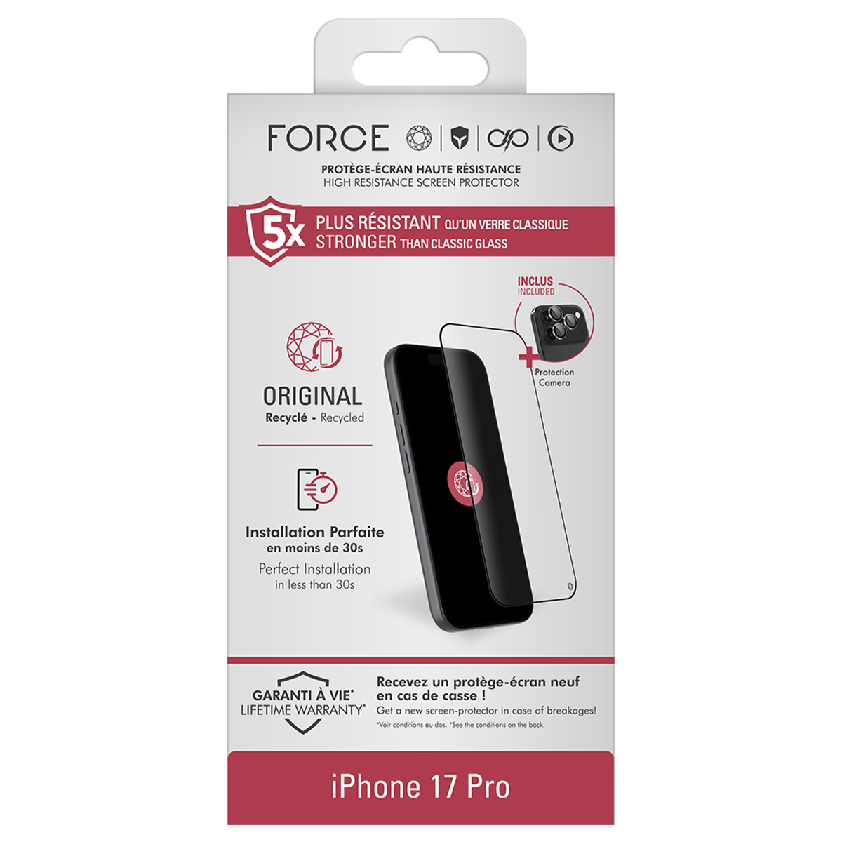 Confezione per proteggi schermo iPhone 17 Pro con logo, icone e immagine prodotto.