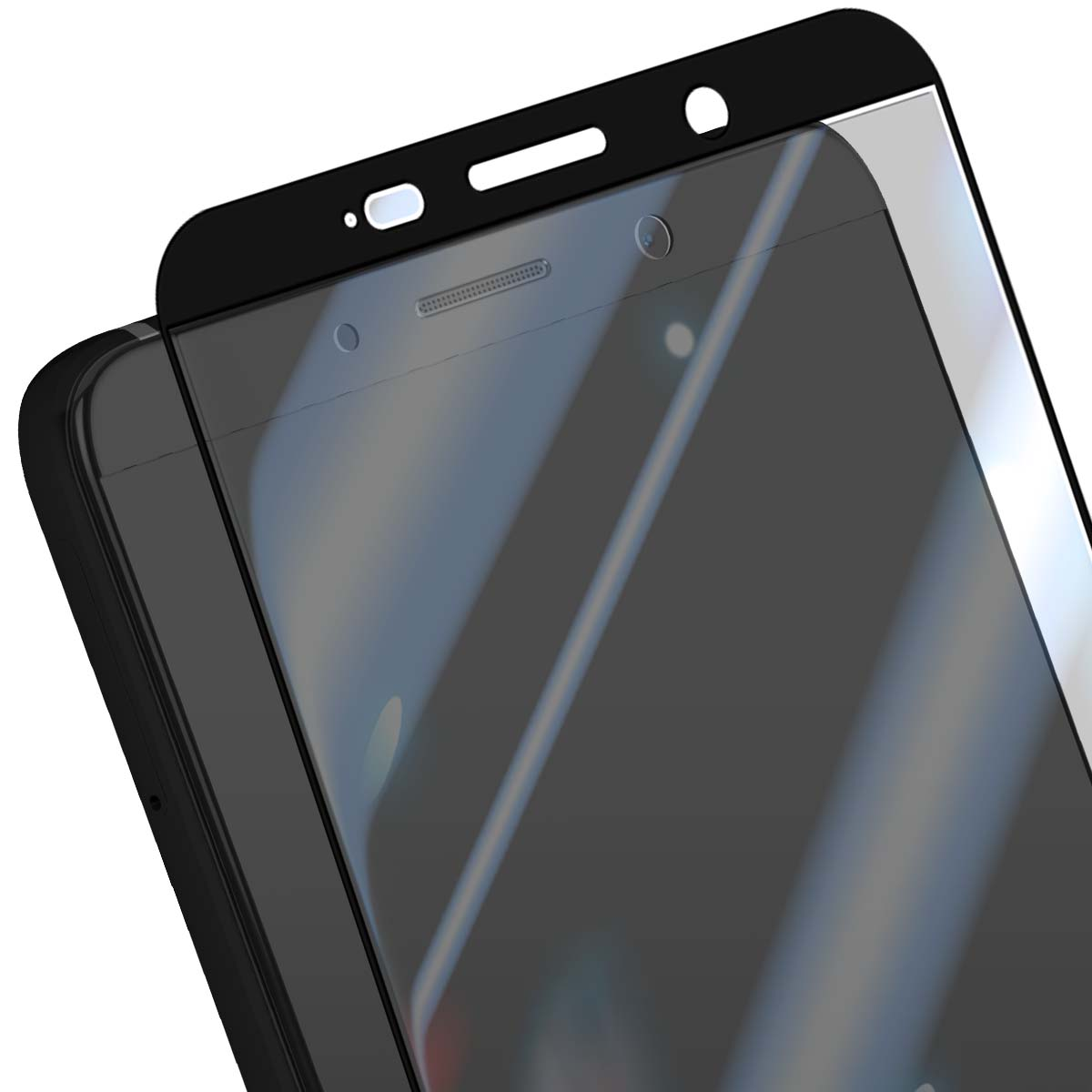 Una protezione schermo per telefono con bordo nero su uno smartphone scuro.