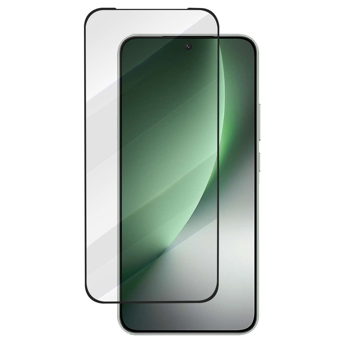 Una protezione per lo schermo trasparente giace sopra uno smartphone con sfondo verde.