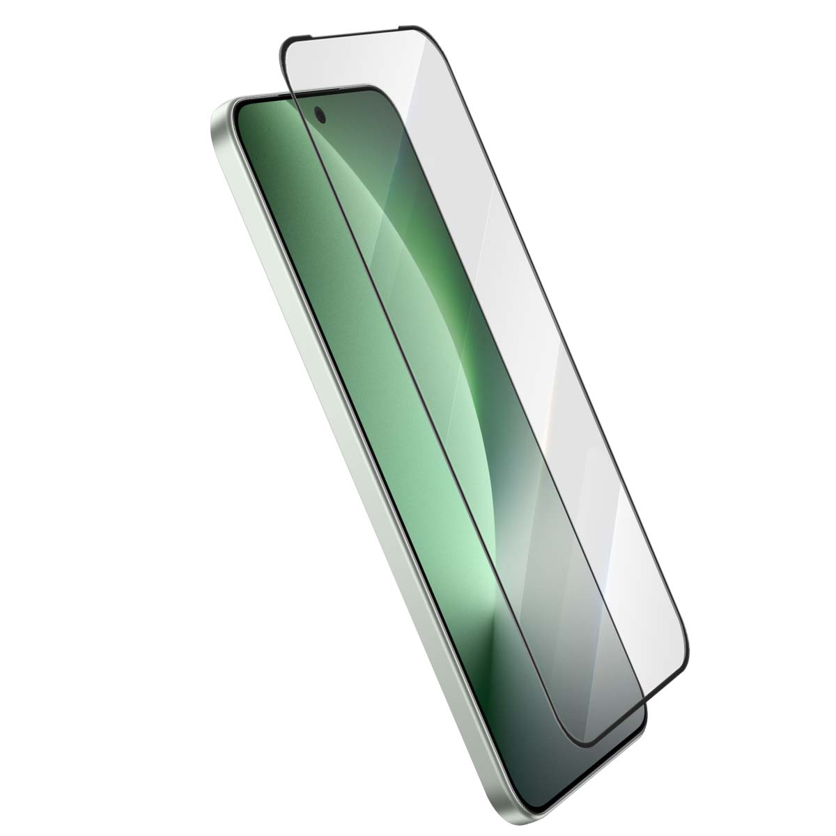 Uno smartphone verde chiaro con una protezione per lo schermo.