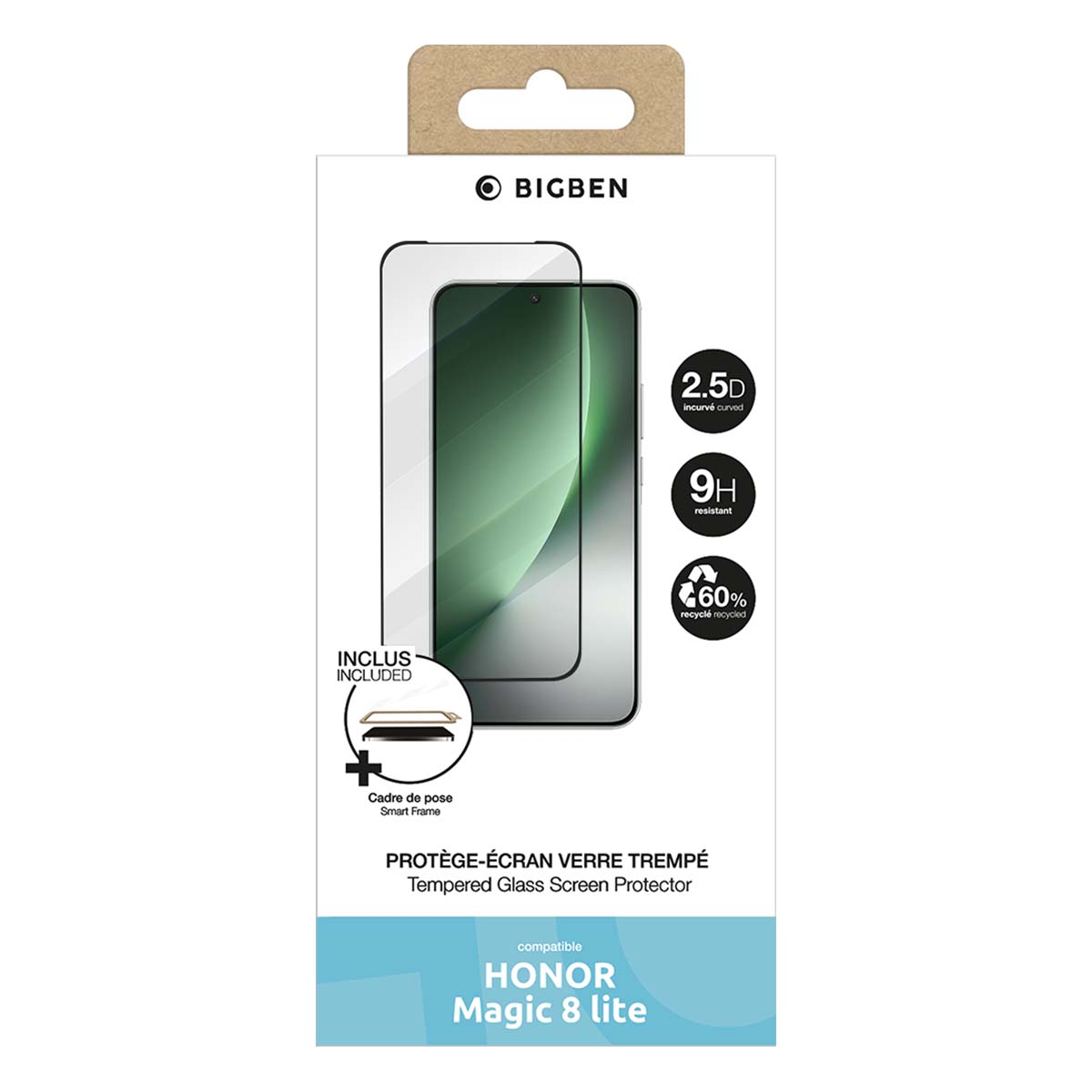 Confezione protettore schermo vetro temperato BIGBEN per HONOR Magic 8 Lite.
