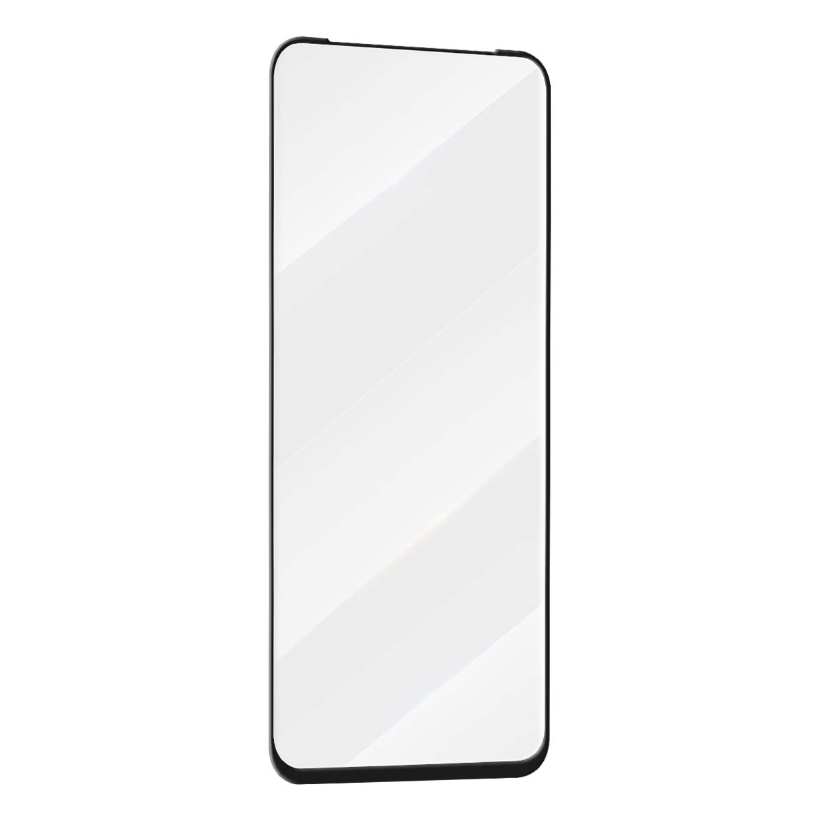 Een zwarte, rechthoekige screenprotector met afgeronde hoeken op een witte achtergrond.