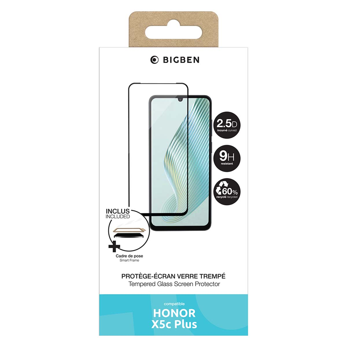 Verpakking voor een BIGBEN gehard glazen schermprotector voor HONOR X5c Plus.