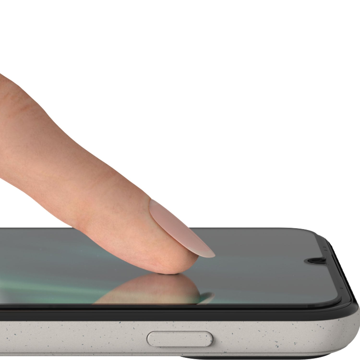 Un dito tocca lo schermo di uno smartphone grigio chiaro.