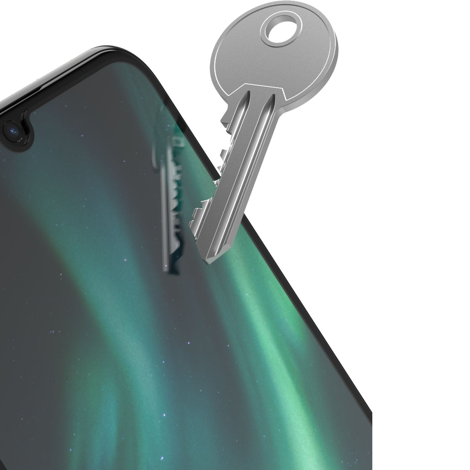 Una chiave d'argento poggia su uno smartphone con sfondo aurora boreale.