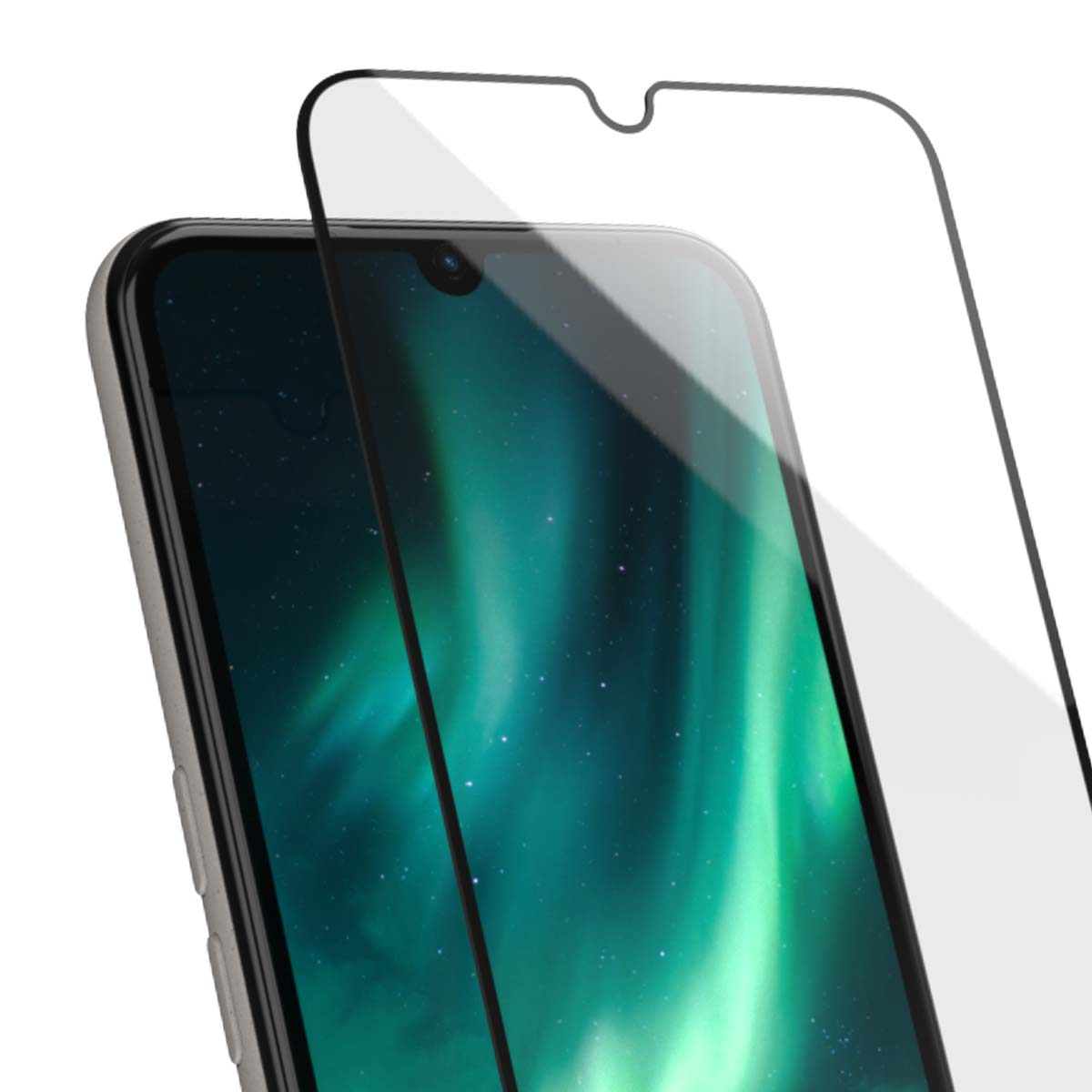 Una protezione schermo per smartphone con sfondo di aurore boreali.