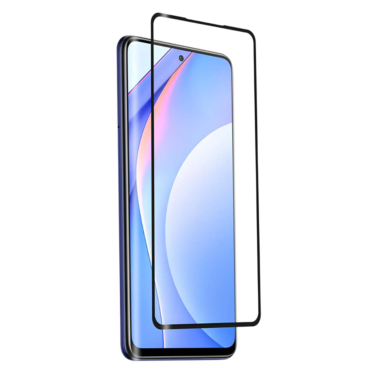 Een zwarte glazen schermprotector ligt op een smartphone met blauwe achtergrond.