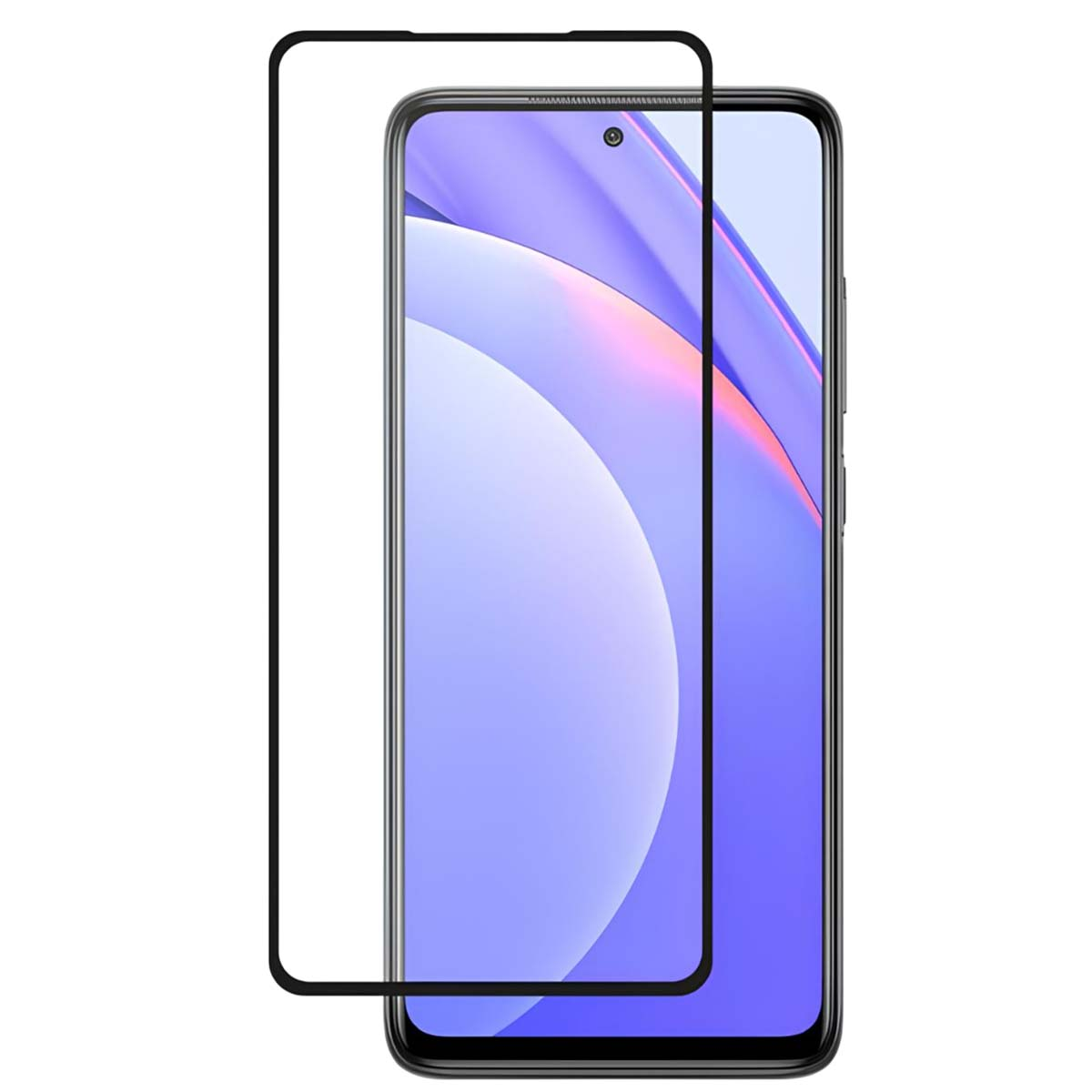 Een zwarte screenprotector ligt over een smartphone met paarse achtergrond.