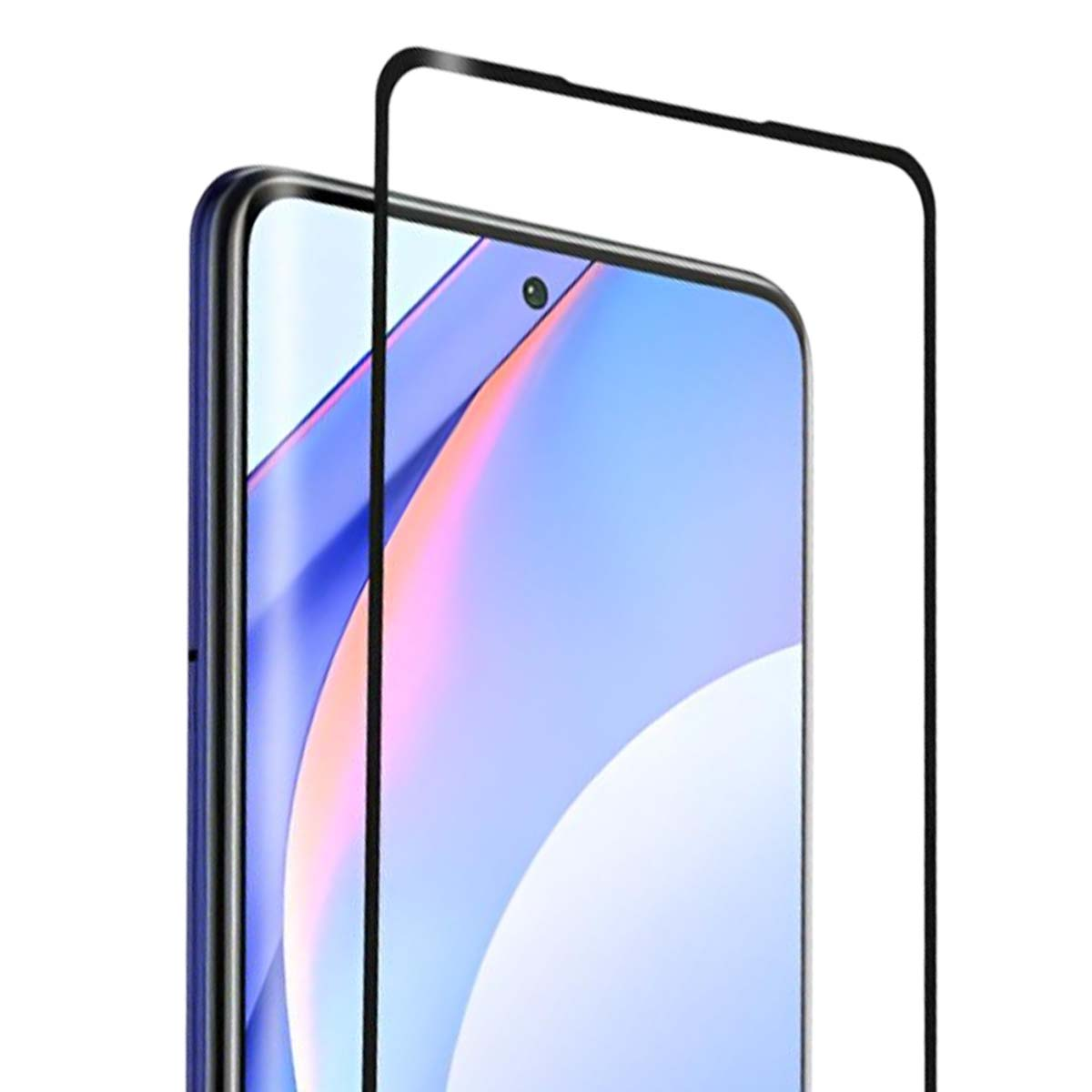 Een zwarte screenprotector op een smartphone met blauw-roze behang.