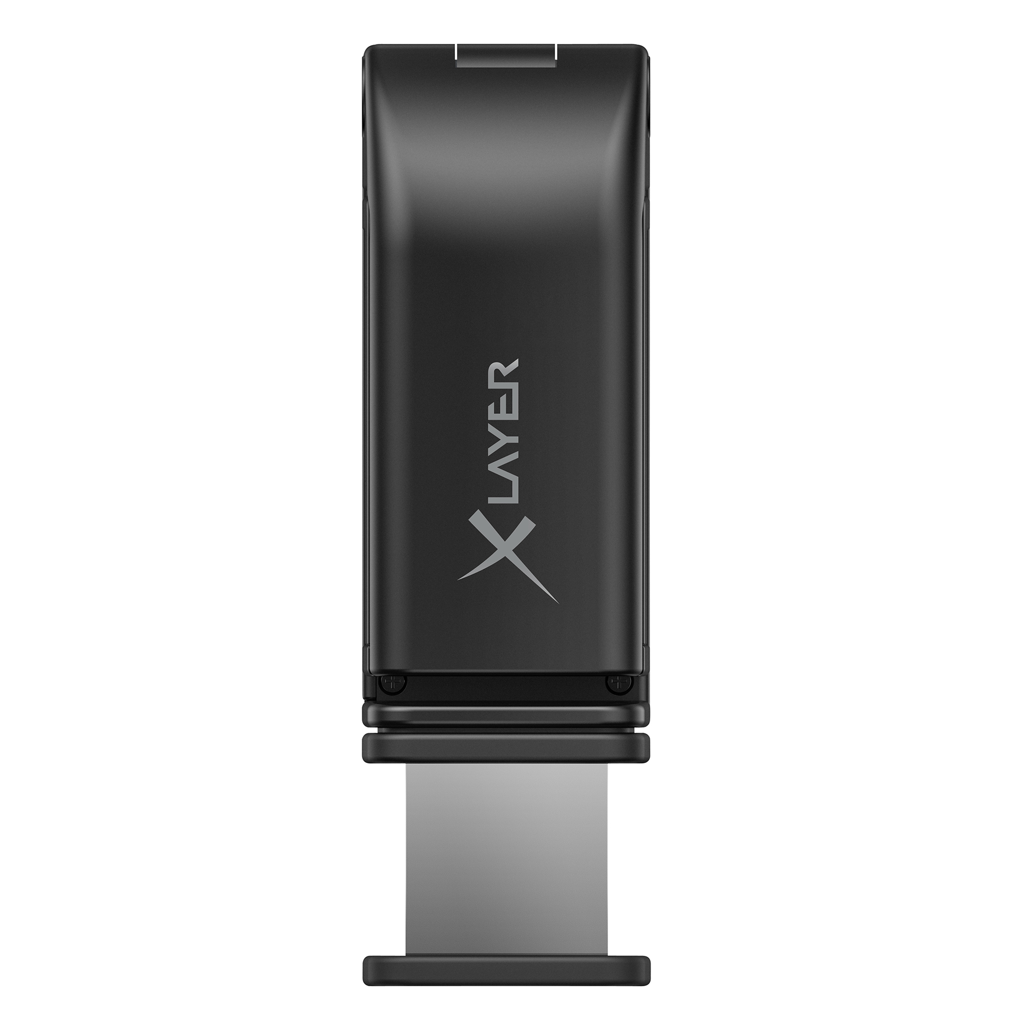 Schwarzer USB-Stick mit silbernem Anschluss, Logo "X LAYER".