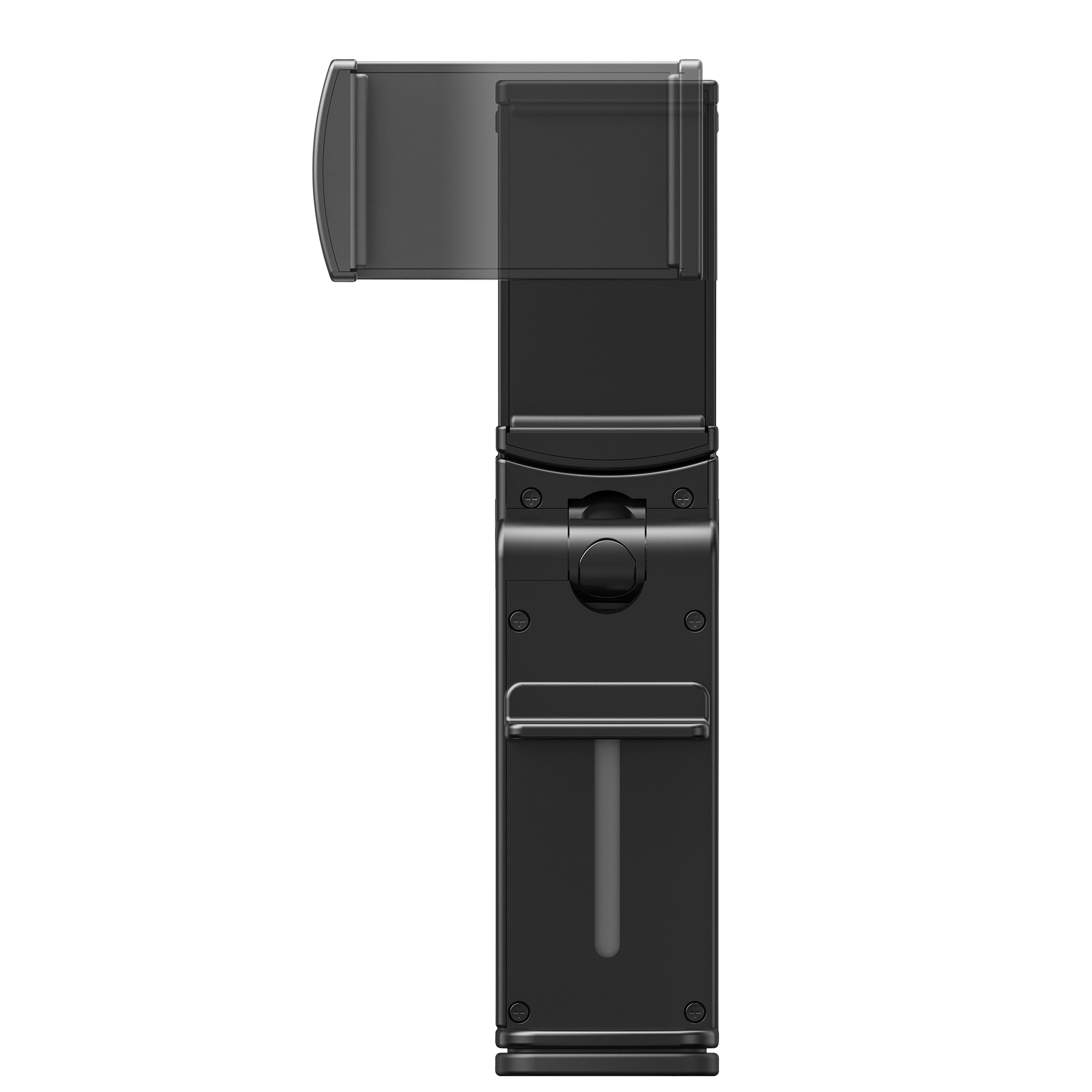 Ein schwarzes, vertikales Handy-Stativ mit klappbaren Armen auf weißem Hintergrund.