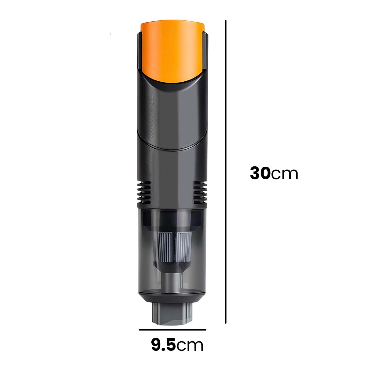 Un aspirapolvere portatile nero e arancione, alto 30 cm e largo 9,5 cm.