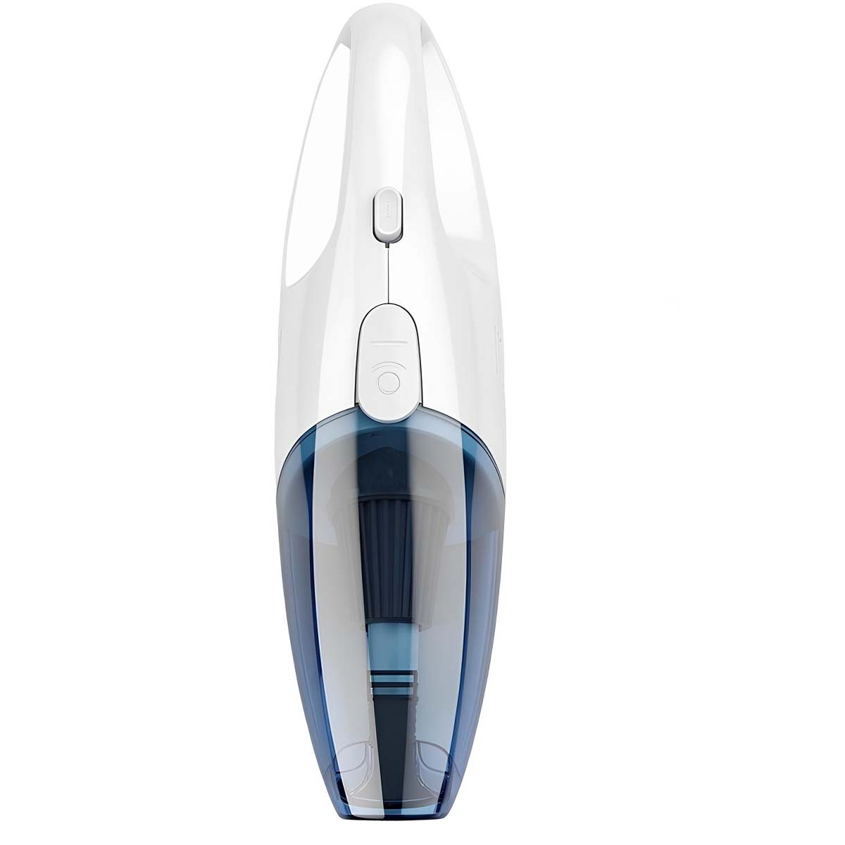 Un aspirapolvere portatile bianco con contenitore polvere blu e spazzola.