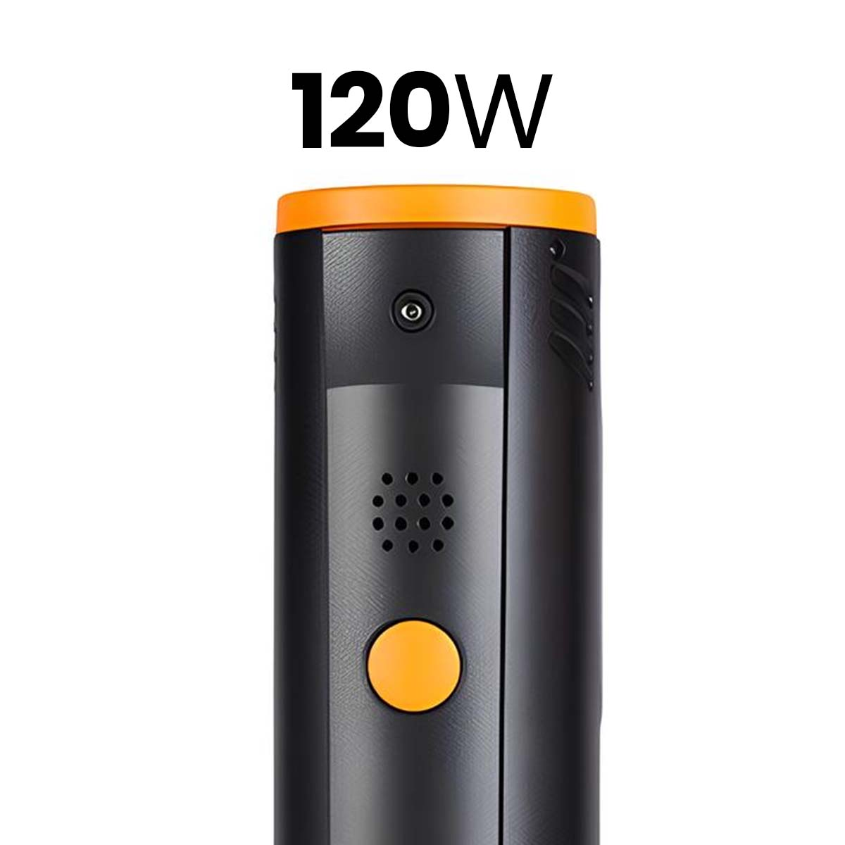 Un dispositivo nero e arancione con testo '120W'.