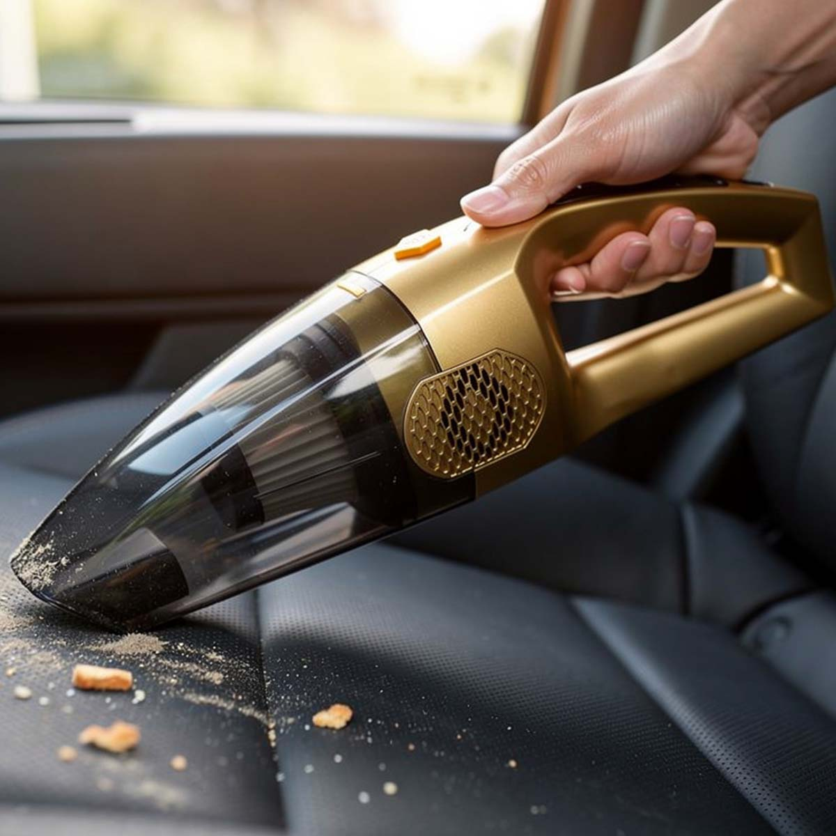 Ein goldener Handstaubsauger reinigt Krümel von schwarzen Ledersitzen im Auto.