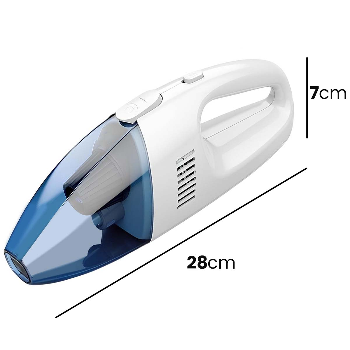 Aspirapolvere portatile bianco con contenitore blu, 28cm lungo, 7cm alto.