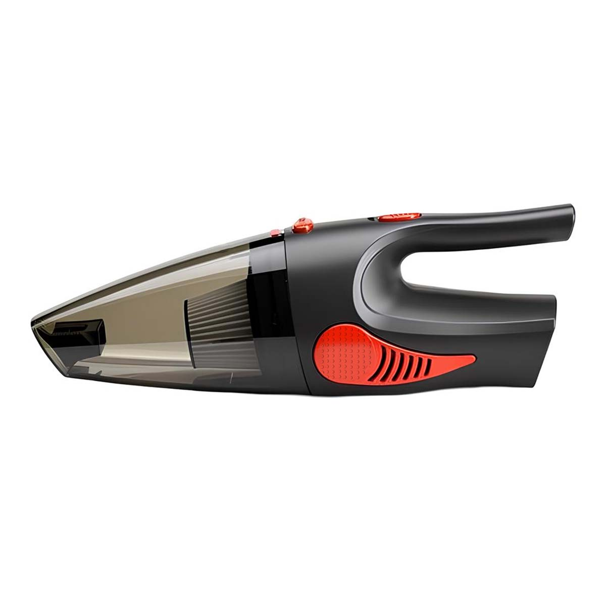Aspirapolvere portatile nero con accenti rossi e contenitore polvere trasparente.