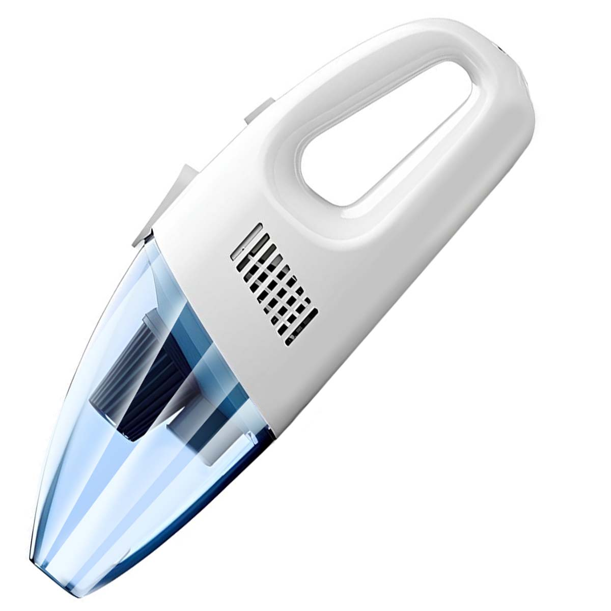 Un aspirapolvere portatile bianco con contenitore e filtro blu.