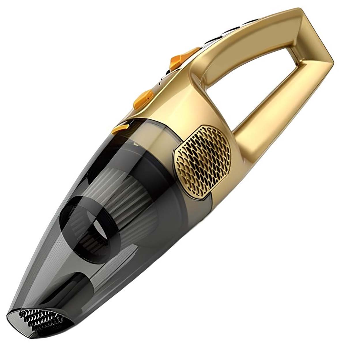 Ein goldener Handstaubsauger mit transparentem Behälter und Filter.