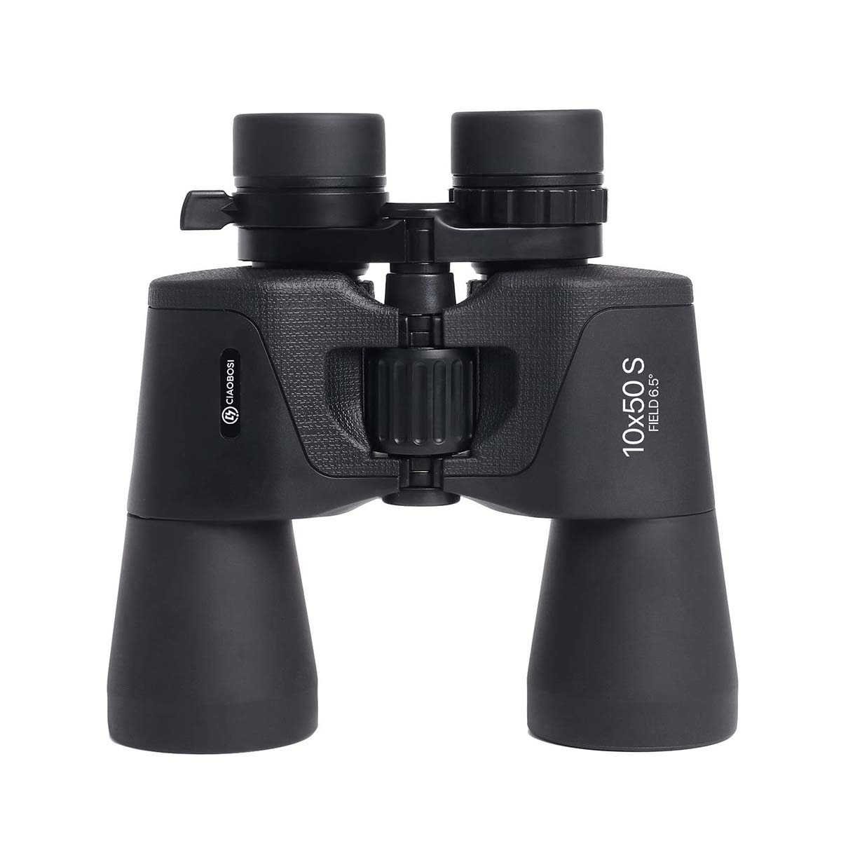 Binocolo nero con scritta 10x50 S e rotella di messa a fuoco.