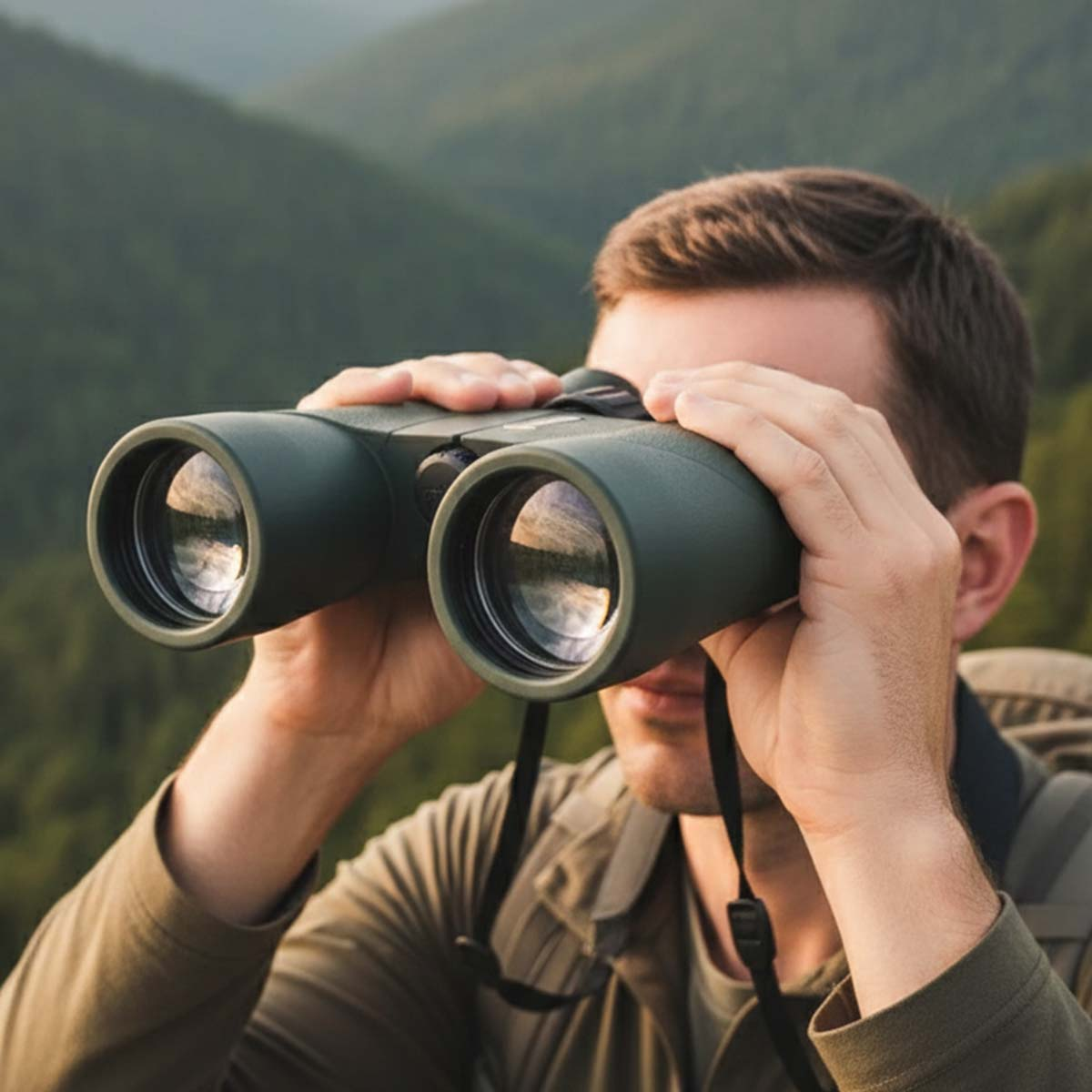 Ein Mann mit Fernglas schaut auf einen bewaldeten Hügel.
