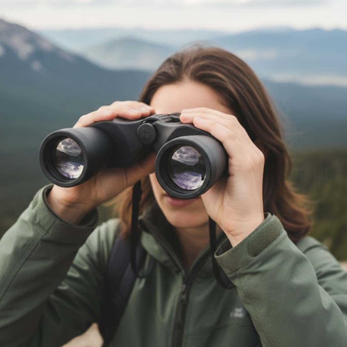 Una donna guarda attraverso un binocolo verso le montagne. Indossa una giacca verde.