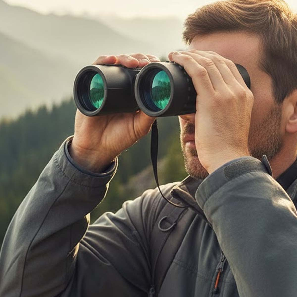 Mann blickt durch Fernglas in bergiger Landschaft.