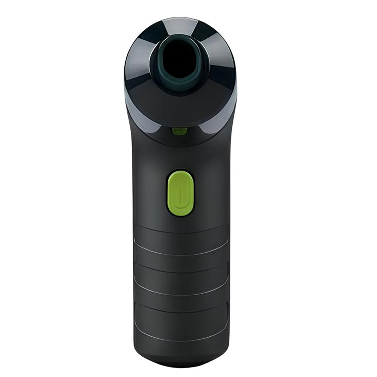 Appareil ergonomique noir avec bouton vert et embout sombre en haut.