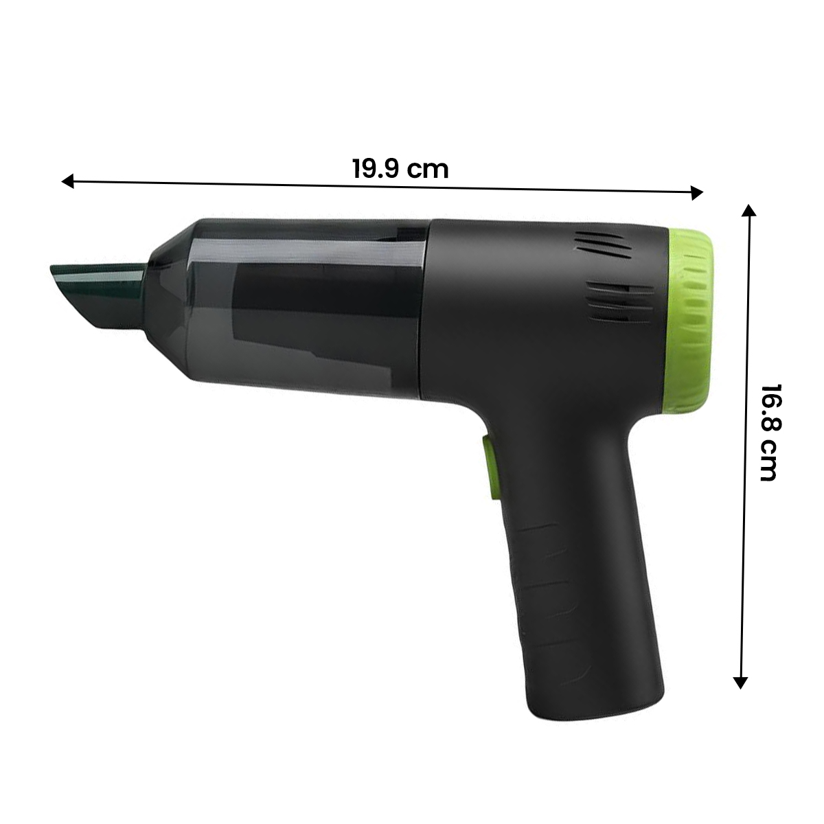 Aspirateur noir portable avec accents verts. L 19,9 cm, H 16,8 cm.