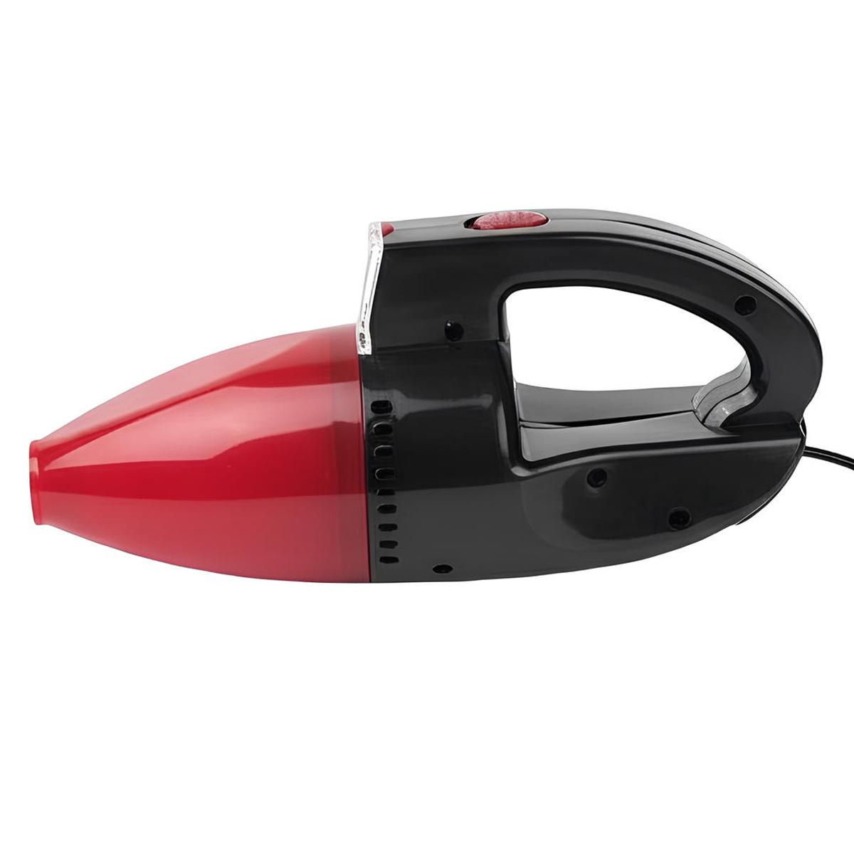 Un aspirapolvere portatile rosso e nero con manico e pulsante rosso.