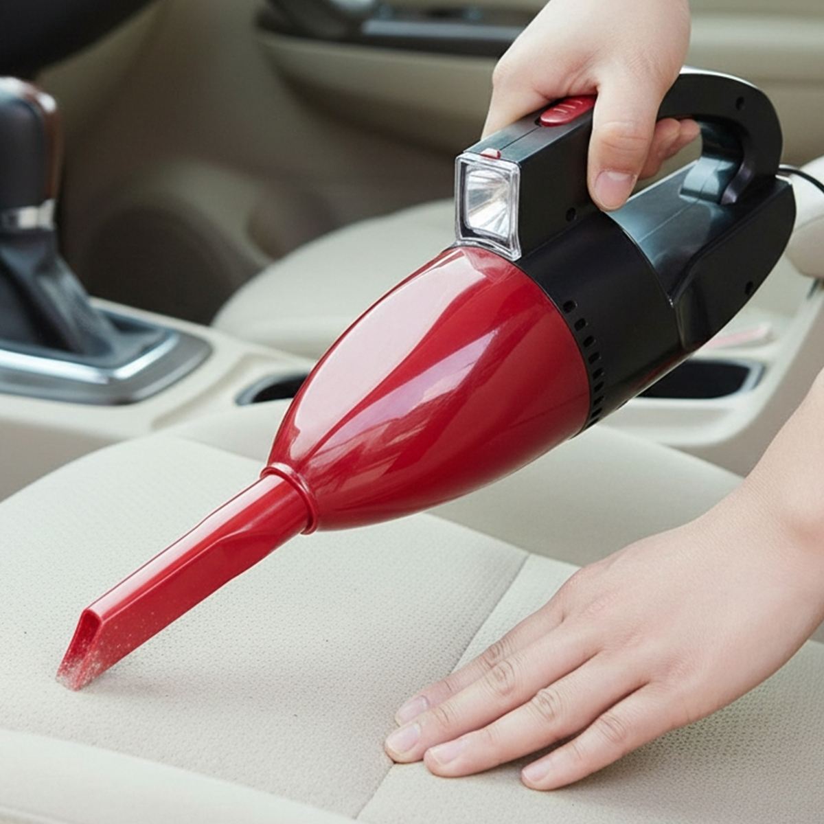 Una persona pulisce un sedile dell'auto con un aspirapolvere rosso.